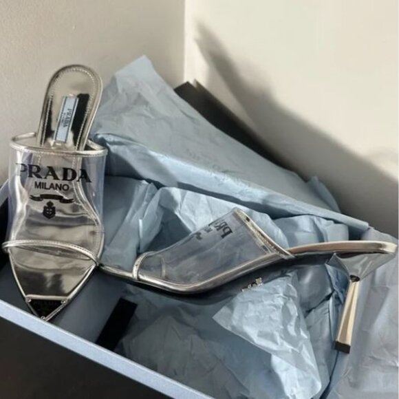 PRADA Milano 75mm Patent Silver Metallic Plex Logo Extended Sole Mule 37 $1200 - Picture 4 of 6